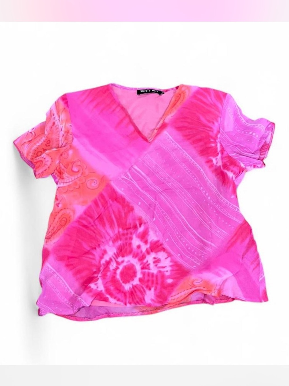 Warp + Weft Bright Pink Fairy Patchwork V-Neck Short Sleeve Top